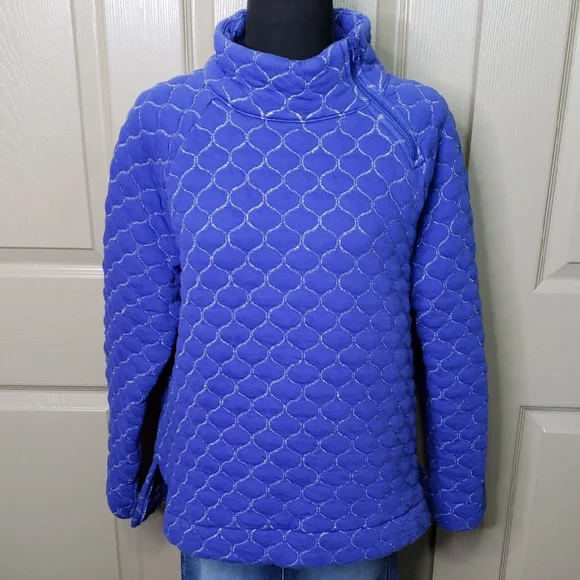 T By TALBOTS Quilted Blue Silver Zip Neck Pullover Top Size large - Picture 1 of 9
